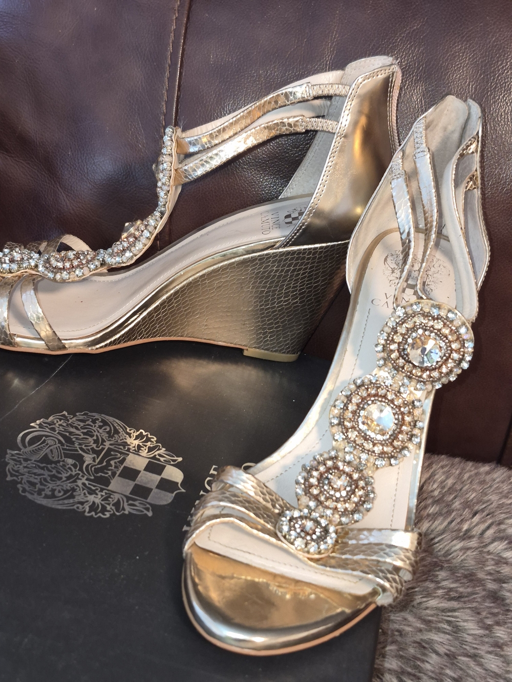Vince Camuto Gold Jeweled T-Strap Evening Heels - Picture 3 of 4